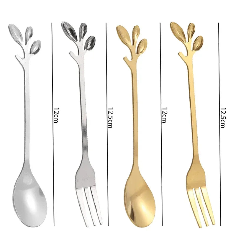 1-8Pcs Leaves Coffee Spoons Creative Stainless Steel Dessert Ice Cream Scoop Coffee Tea Stirring Spoon Gold Silver Tableware Set