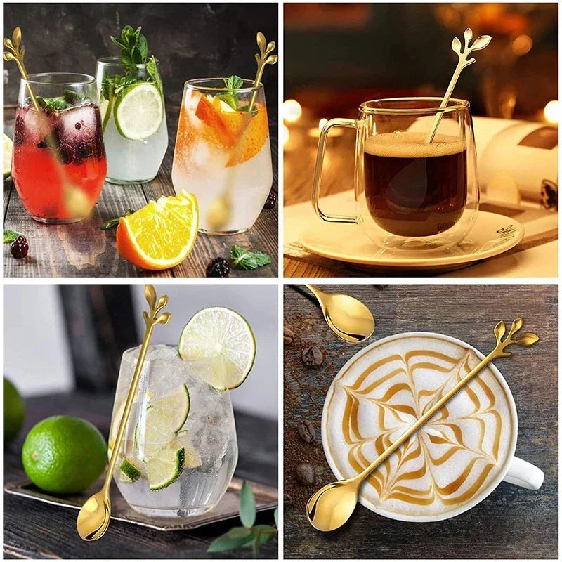 1-8Pcs Leaves Coffee Spoons Creative Stainless Steel Dessert Ice Cream Scoop Coffee Tea Stirring Spoon Gold Silver Tableware Set