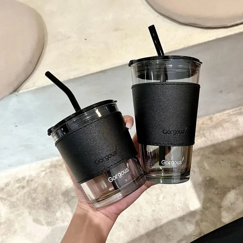 350ml 450ml Creative Glass Coffee Straw Cup With Lid Heat-Resistant Water Bottle Beer Tea Drinkware Couple Coffee Mug With Straw