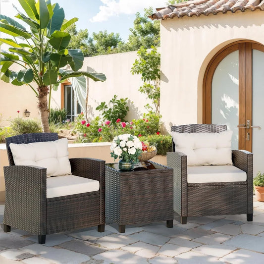 3 Piece Patio Furniture Set, Small Outdoor Wicker Rattan Front Porch Bistro Set, Patio Chairs Set with Glass Table