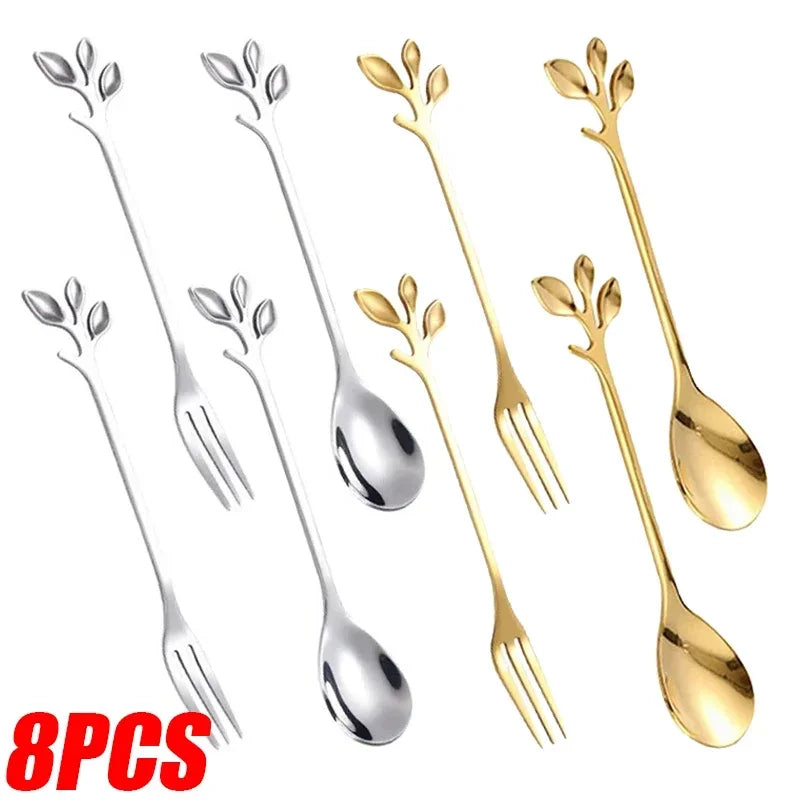 1-8Pcs Leaves Coffee Spoons Creative Stainless Steel Dessert Ice Cream Scoop Coffee Tea Stirring Spoon Gold Silver Tableware Set