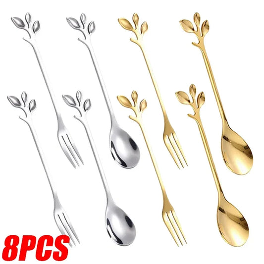 1-8Pcs Leaves Coffee Spoons Creative Stainless Steel Dessert Ice Cream Scoop Coffee Tea Stirring Spoon Gold Silver Tableware Set