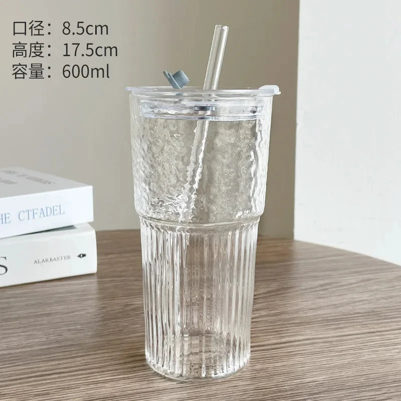 1/2PCS 600ml Stripe Glass Cup with Lid and Straw Transparent Drinking Glasses for Juice Water and Iced Coffee Cups Drinkware Mug