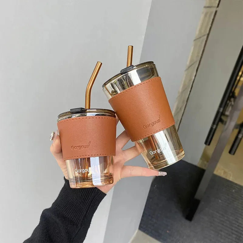 350ml 450ml Creative Glass Coffee Straw Cup With Lid Heat-Resistant Water Bottle Beer Tea Drinkware Couple Coffee Mug With Straw