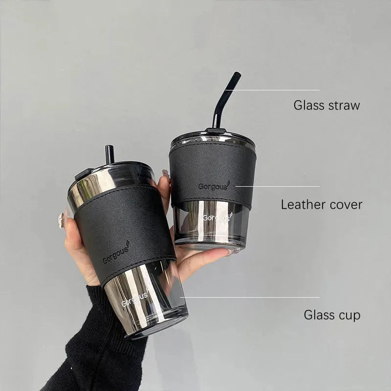 350ml 450ml Creative Glass Coffee Straw Cup With Lid Heat-Resistant Water Bottle Beer Tea Drinkware Couple Coffee Mug With Straw