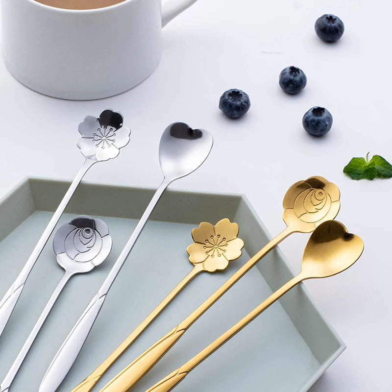 1PC Stainless Steel Spoon Cherry Rose Gold Silver Scoop Coffee Spoon Christmas Gifts Kitchen Accessories Tableware Decoration