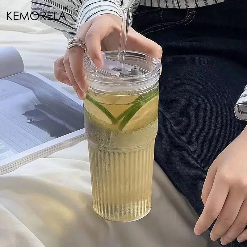 1/2PCS 600ml Stripe Glass Cup with Lid and Straw Transparent Drinking Glasses for Juice Water and Iced Coffee Cups Drinkware Mug