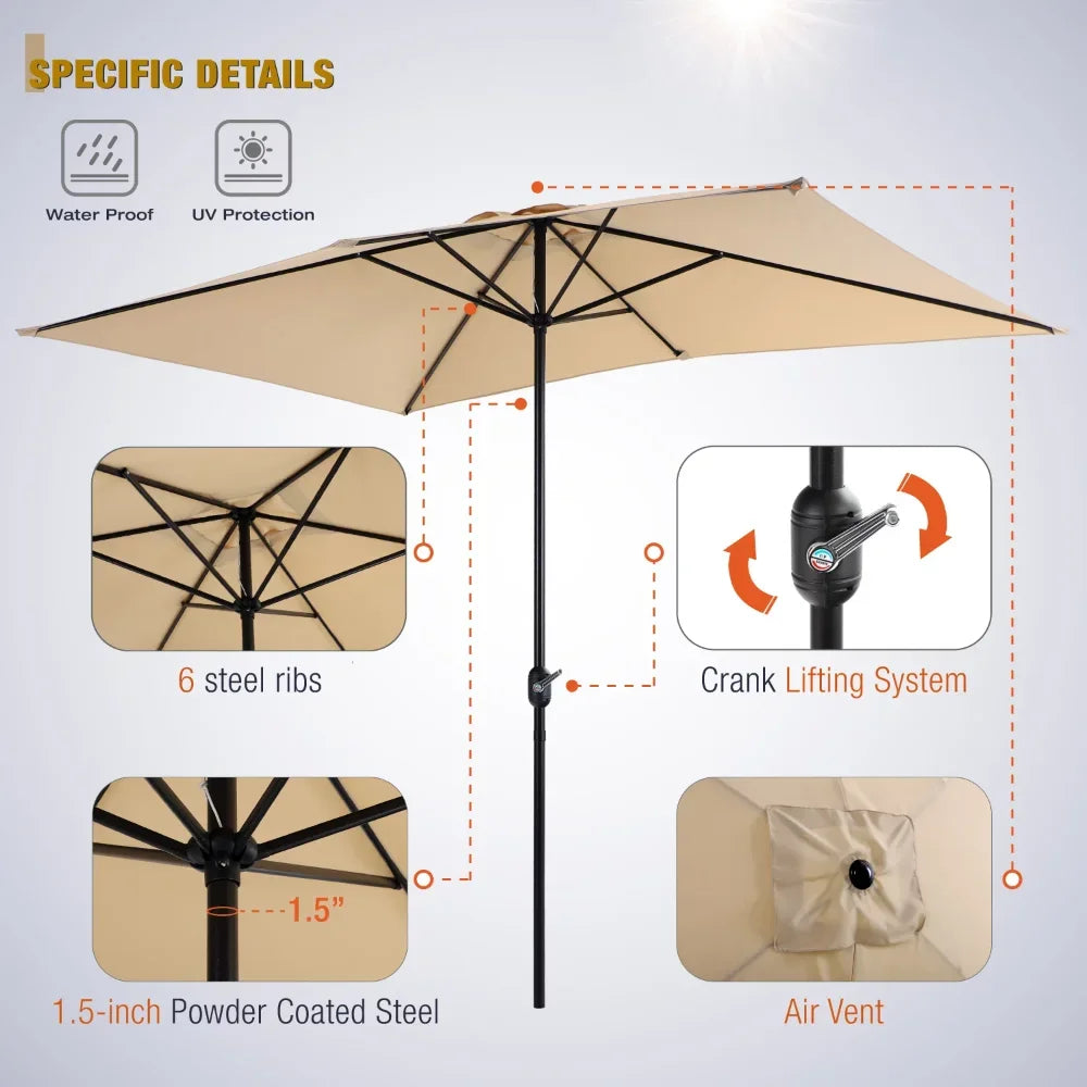 10 x 6.6ft Rectangle Patio Table Umbrella Outdoor Market Umbrella with 6 Steel Ribs and Crank Handle,Orange